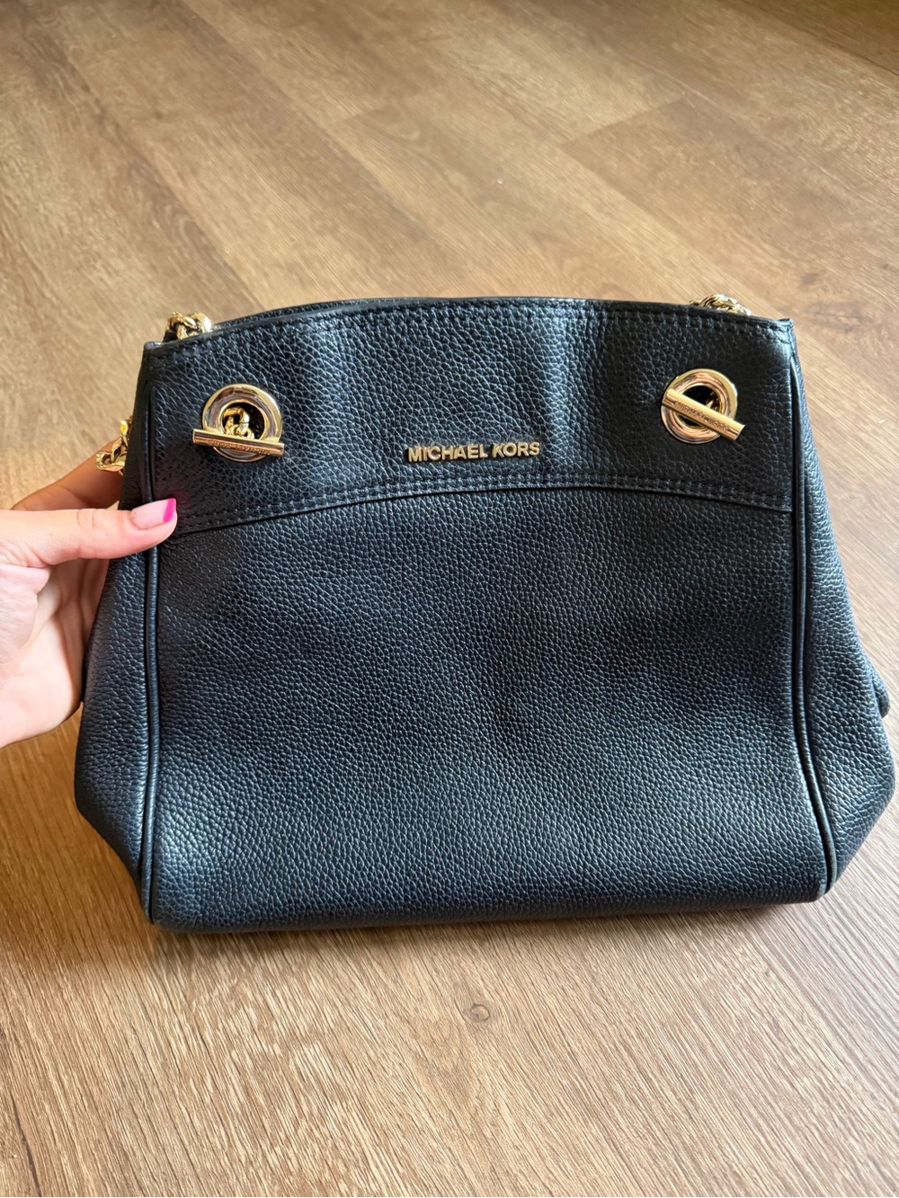 Michael Kors Black Pebbled Leather Shoulder Tote with Gold Hardware - Picture 1 of 4